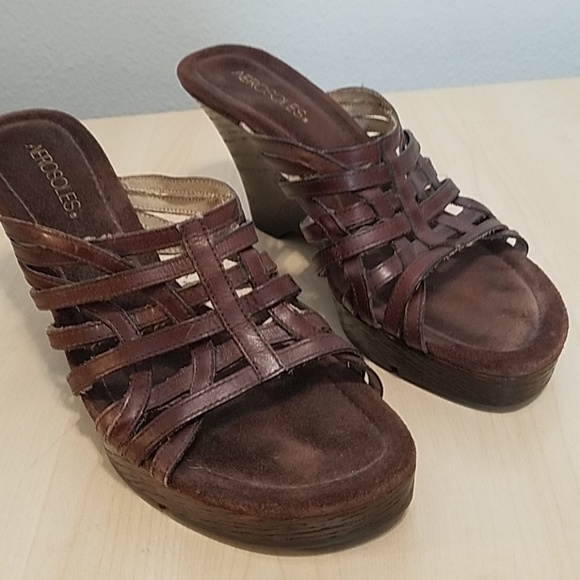 AEROSOLES Shoes | Aerosole Wedge Brown Mule Sandals Size 9 5 | Poshmark